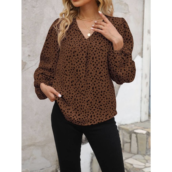 Leopard Print long sleeve v neck Lantern Sleeve Blouse boho tan black - Picture 10 of 11